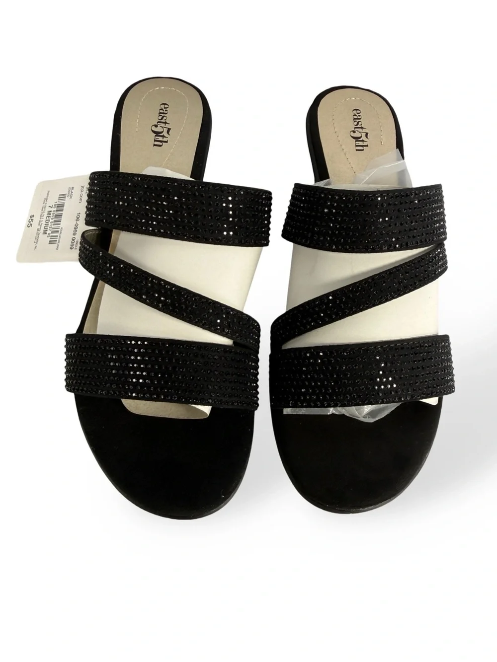 East 5th Black Rhinestone Triple-Strap Slide Sandals